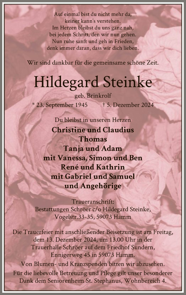  Traueranzeige für Hildegard Steinke vom 11.12.2024 aus WA