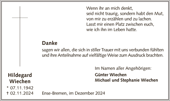 Traueranzeige von Hildegard Wiechen von WA
