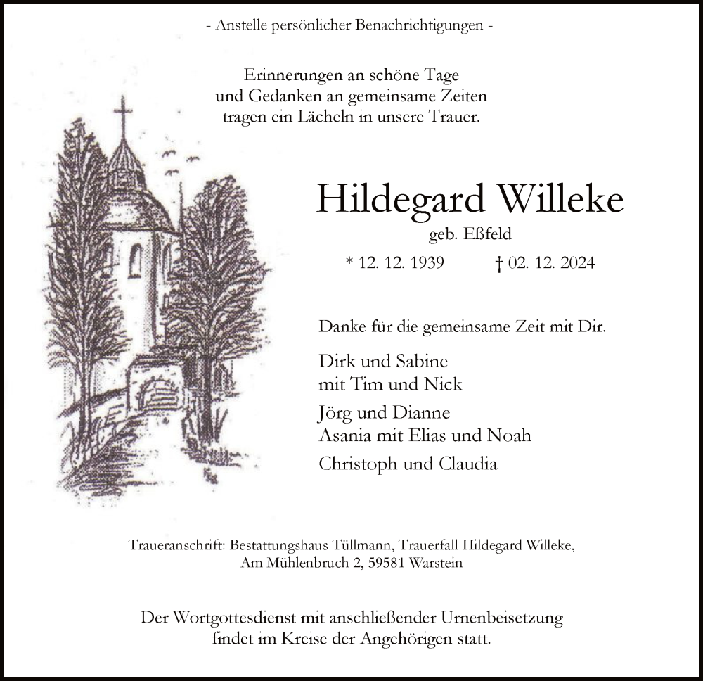  Traueranzeige für Hildegard Willeke vom 11.12.2024 aus WA