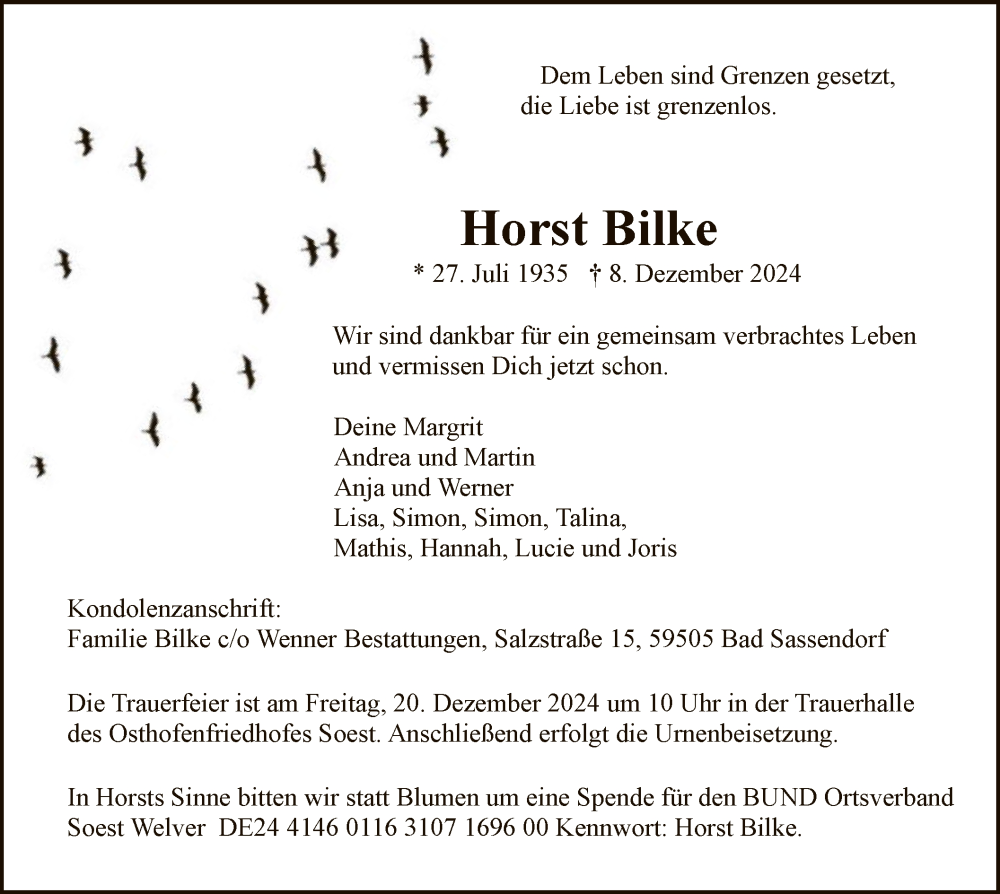  Traueranzeige für Horst Bilke vom 14.12.2024 aus WA