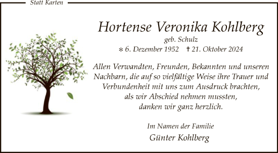 Traueranzeige von Hortense Veronika Kohlberg von WA