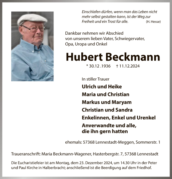 Traueranzeige von Hubert Beckmann von WA