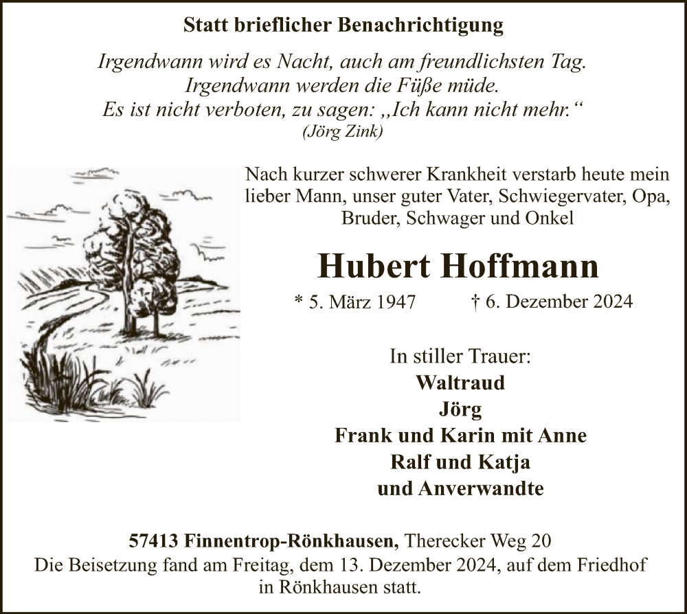  Traueranzeige für Hubert Hoffmann vom 14.12.2024 aus WA