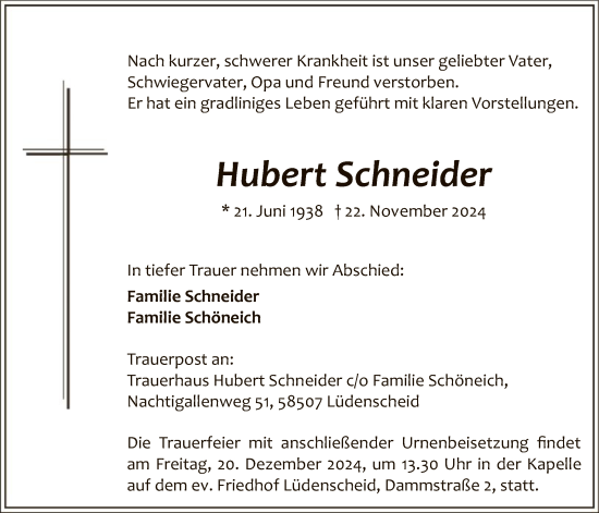 Traueranzeige von Hubert Schneider von WA