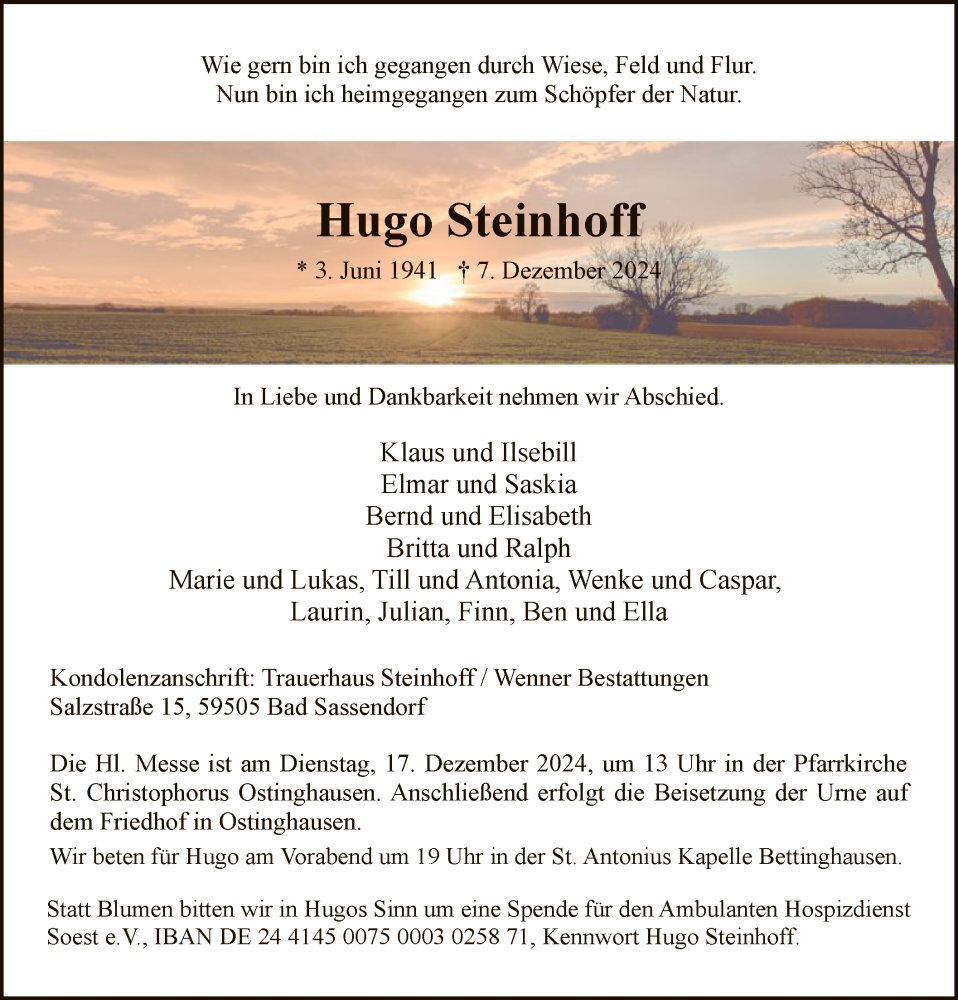  Traueranzeige für Hugo Steinhoff vom 14.12.2024 aus WA