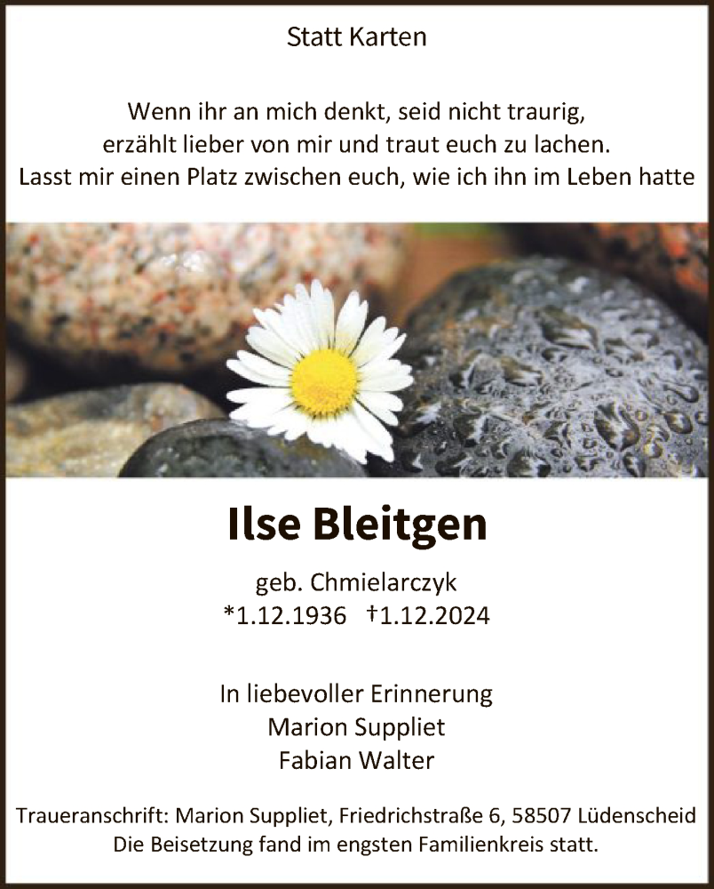  Traueranzeige für Ilse Bleitgen vom 14.12.2024 aus WA