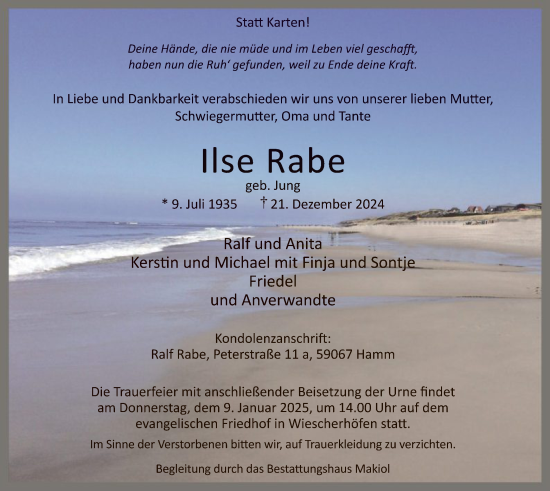 Traueranzeige von Ilse Rabe von WA