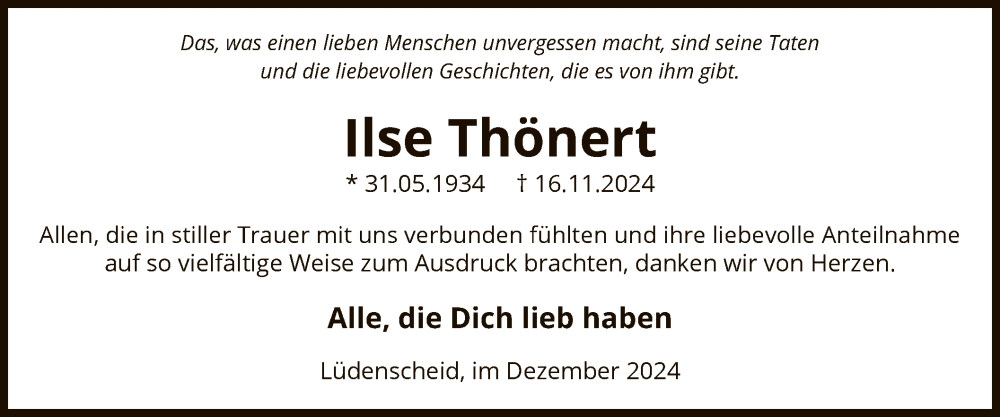  Traueranzeige für Ilse Thönert vom 28.12.2024 aus WA