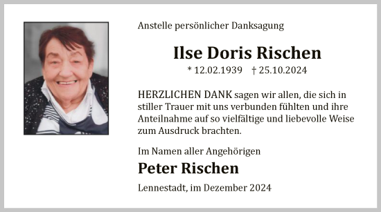 Traueranzeige von Ilse Doris Rischen von WA