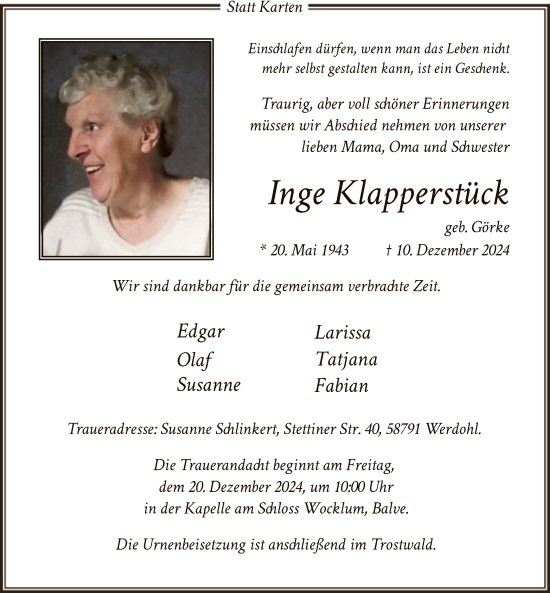Traueranzeige von Inge Klapperstück von WA