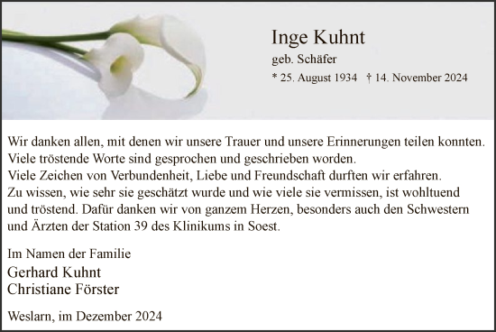 Traueranzeige von Inge Kuhnt von WA
