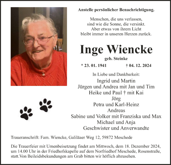 Traueranzeige von Inge Wiencke von WA