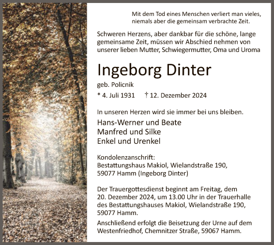 Traueranzeige von Ingeborg Dinter von WA