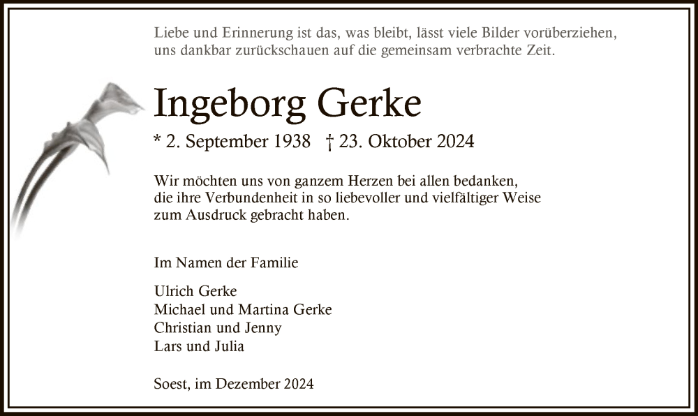  Traueranzeige für Ingeborg Gerke vom 07.12.2024 aus WA