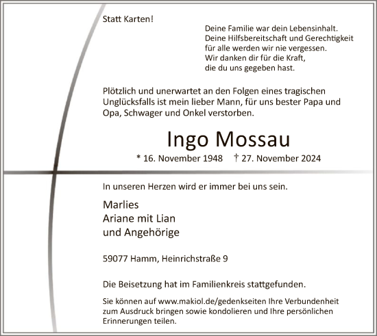 Traueranzeige von Ingo Mossau von WA