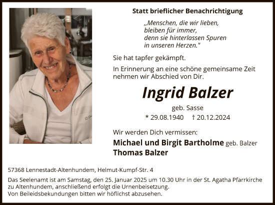 Traueranzeige von Ingrid Balzer von WA