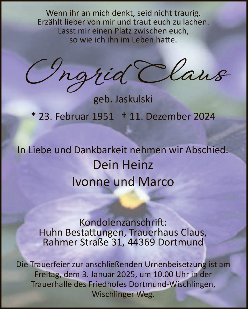  Traueranzeige für Ingrid Claus vom 28.12.2024 aus WA