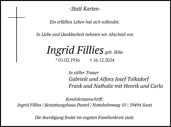 Traueranzeige von Ingrid Fillies von WA