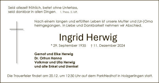 Traueranzeige von Ingrid Herwig von WA