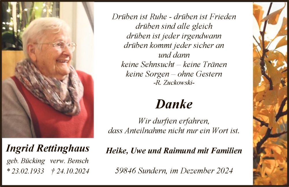  Traueranzeige für Ingrid Rettinghaus vom 07.12.2024 aus WA