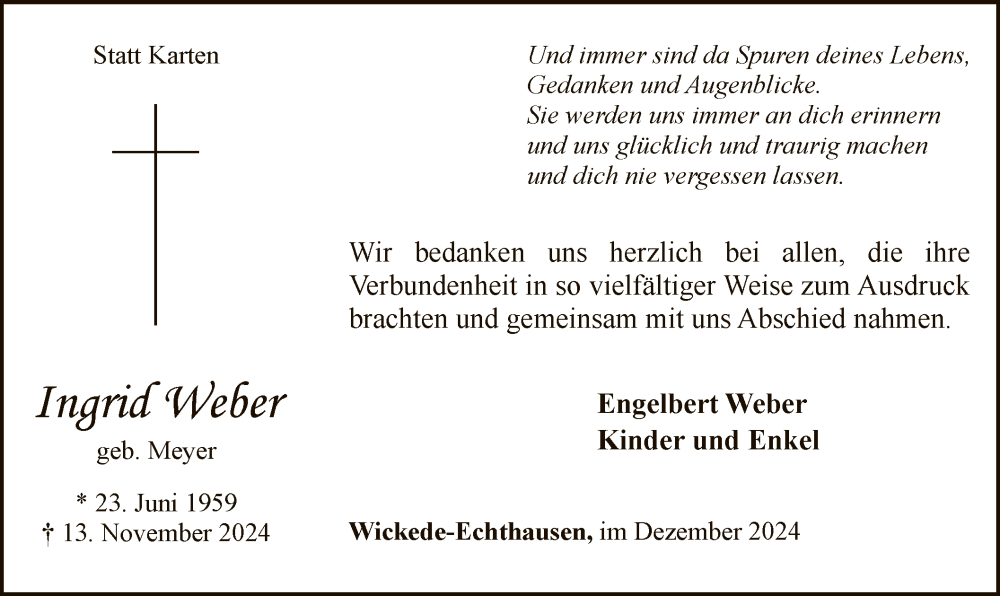  Traueranzeige für Ingrid Weber vom 21.12.2024 aus WA