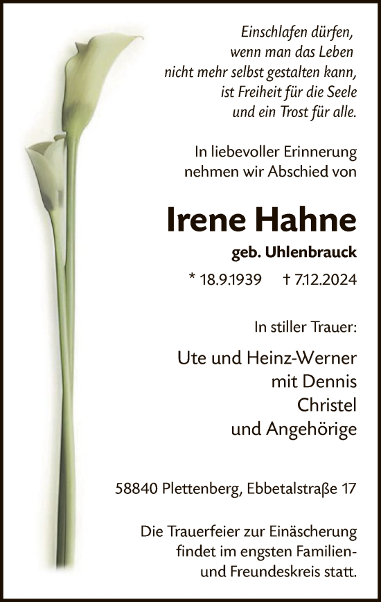 Traueranzeige von Irene Hahne von WA