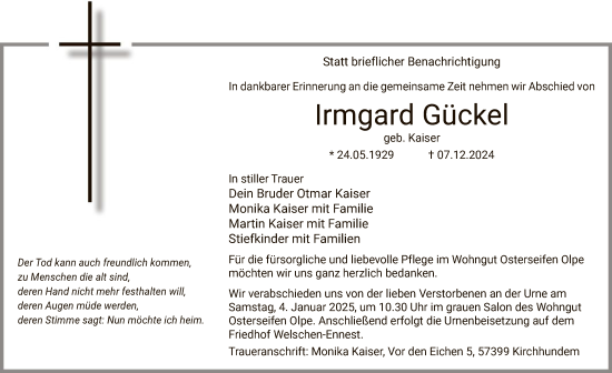 Traueranzeige von Irmgard Gückel von WA