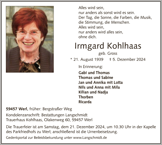 Traueranzeige von Irmgard Kohlhaas von WA