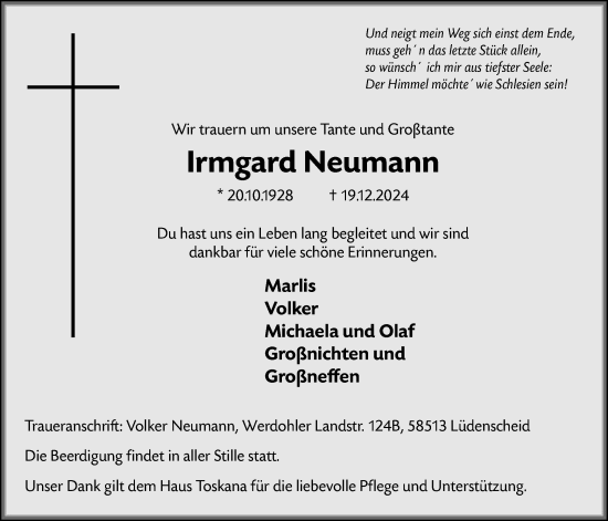 Traueranzeige von Irmgard Neumann von WA