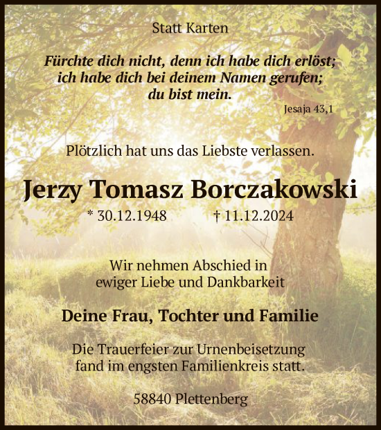 Traueranzeige von Jerzy Tomasz Borczakowski von WA