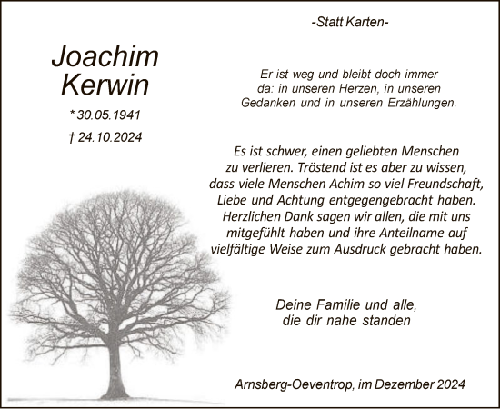 Traueranzeige von Joachim Kerwin von WA