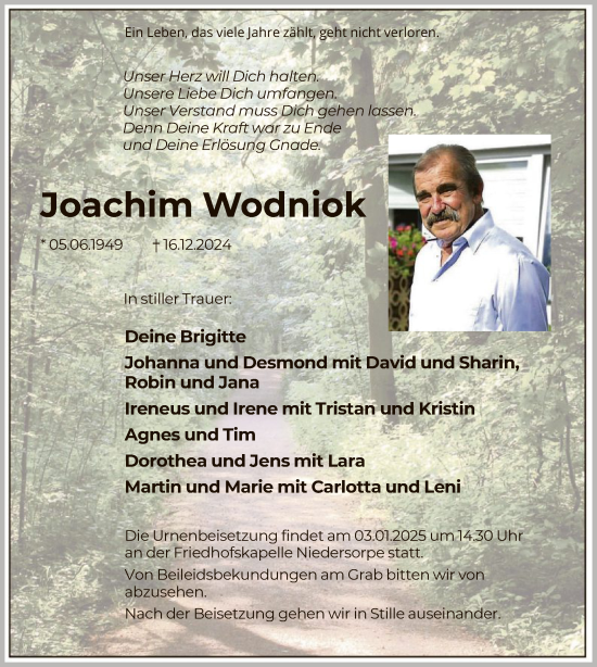 Traueranzeige von Joachim Wodniok von WA