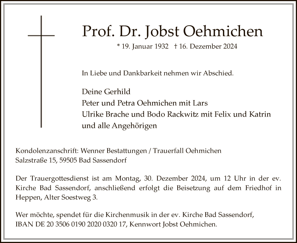  Traueranzeige für Jobst Oehmichen vom 21.12.2024 aus WA