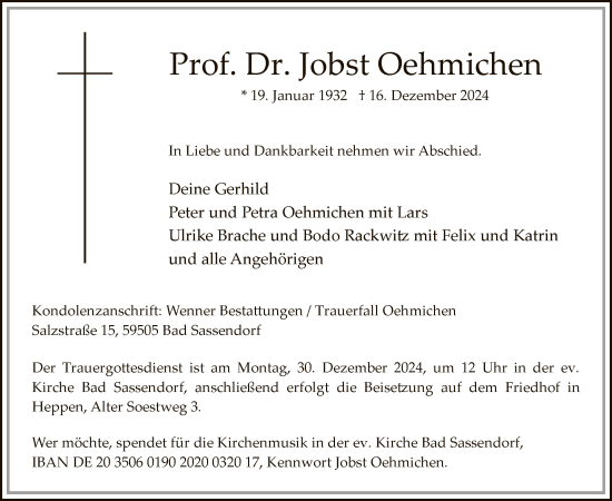 Traueranzeige von Jobst Oehmichen von WA