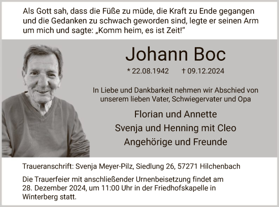 Traueranzeige von Johann Boc von WA