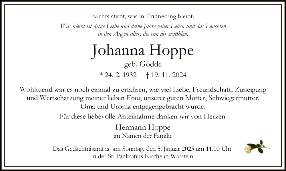  Traueranzeige für Johanna Hoppe vom 28.12.2024 aus WA