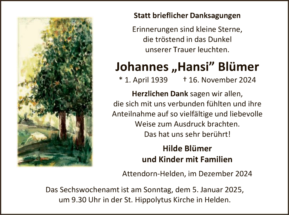  Traueranzeige für Johannes Blümer vom 28.12.2024 aus WA