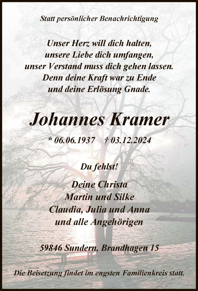  Traueranzeige für Johannes Kramer vom 07.12.2024 aus WA