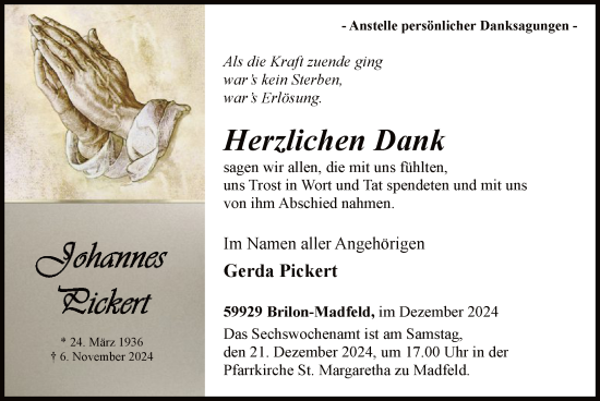 Traueranzeige von Johannes Pickert von WA