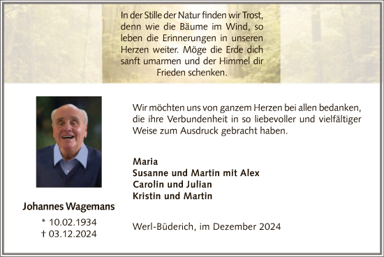 Traueranzeige von Johannes Wagemans von WA