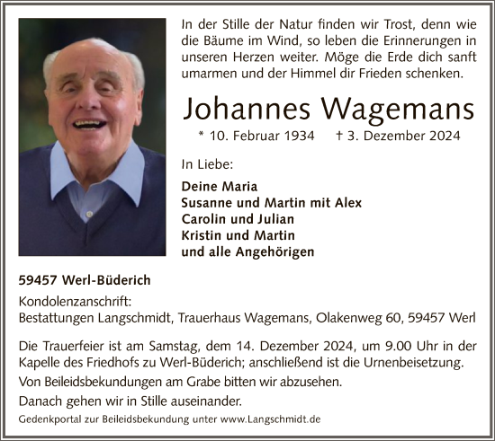Traueranzeige von Johannes Wagemans von WA
