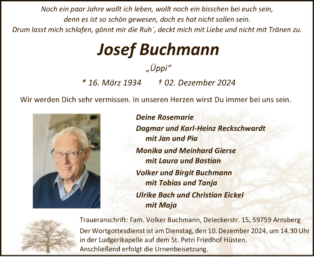  Traueranzeige für Josef Buchmann vom 07.12.2024 aus WA