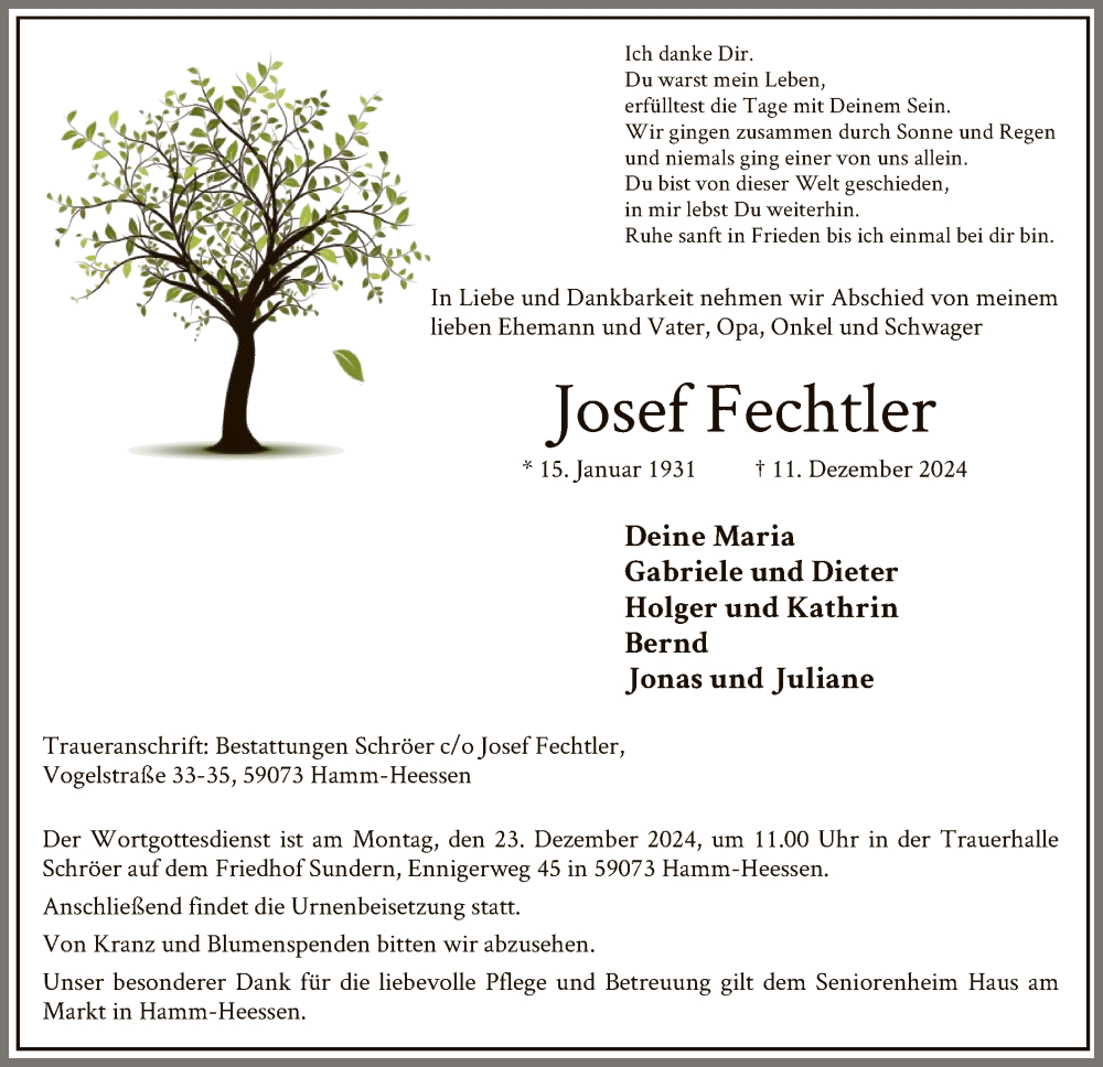  Traueranzeige für Josef Fechtler vom 18.12.2024 aus WA