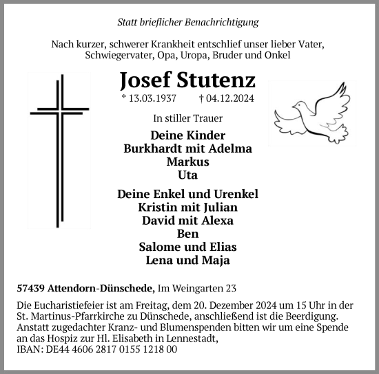 Traueranzeige von Josef Stutenz von WA