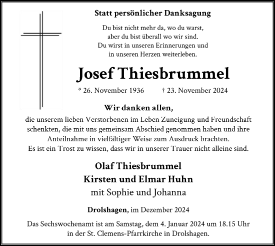 Traueranzeige von Josef Thiesbrummel von WA