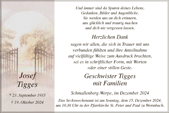Traueranzeige von Josef Tigges von WA