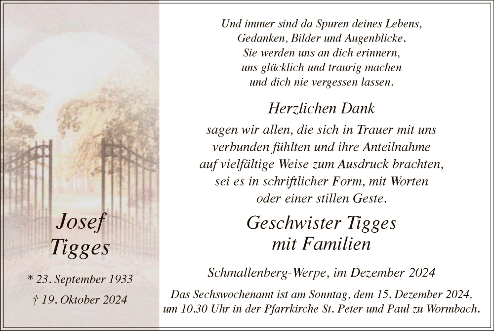  Traueranzeige für Josef Tigges vom 07.12.2024 aus WA
