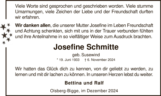 Traueranzeige von Josefine Schmitte von WA