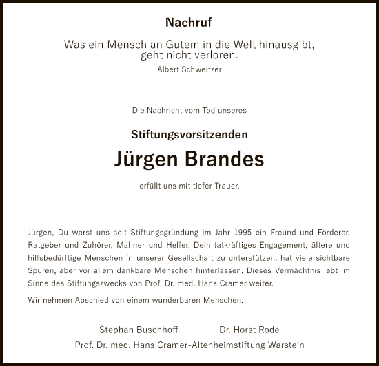 Traueranzeige von Jürgen Brandes von WA