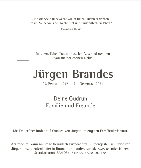 Traueranzeige von Jürgen Brandes von WA